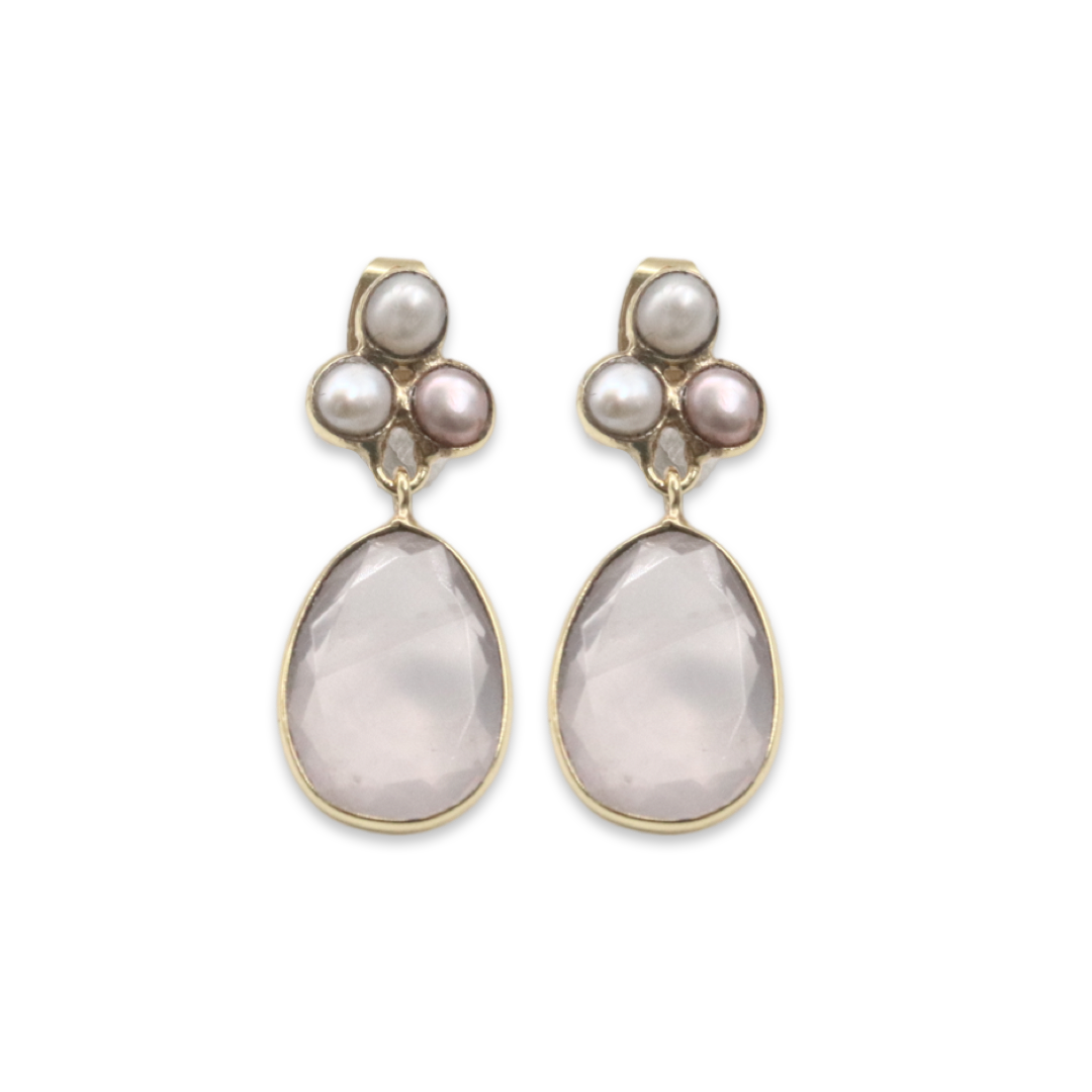 3 GEMSTONE STUDS WITH GEMSTONE DROP - Pearl with Rose Quartz drop