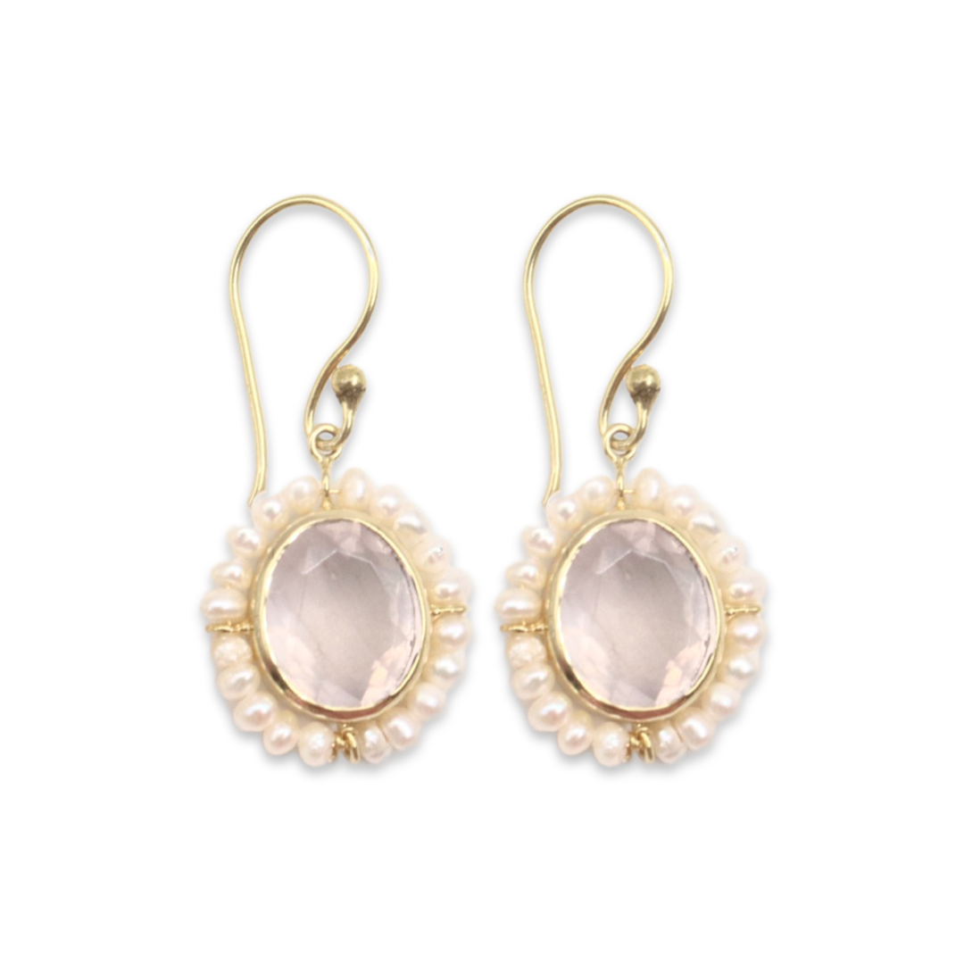 GEMSTONE HALO EARING - Pearl surrounding Rose Quartz
