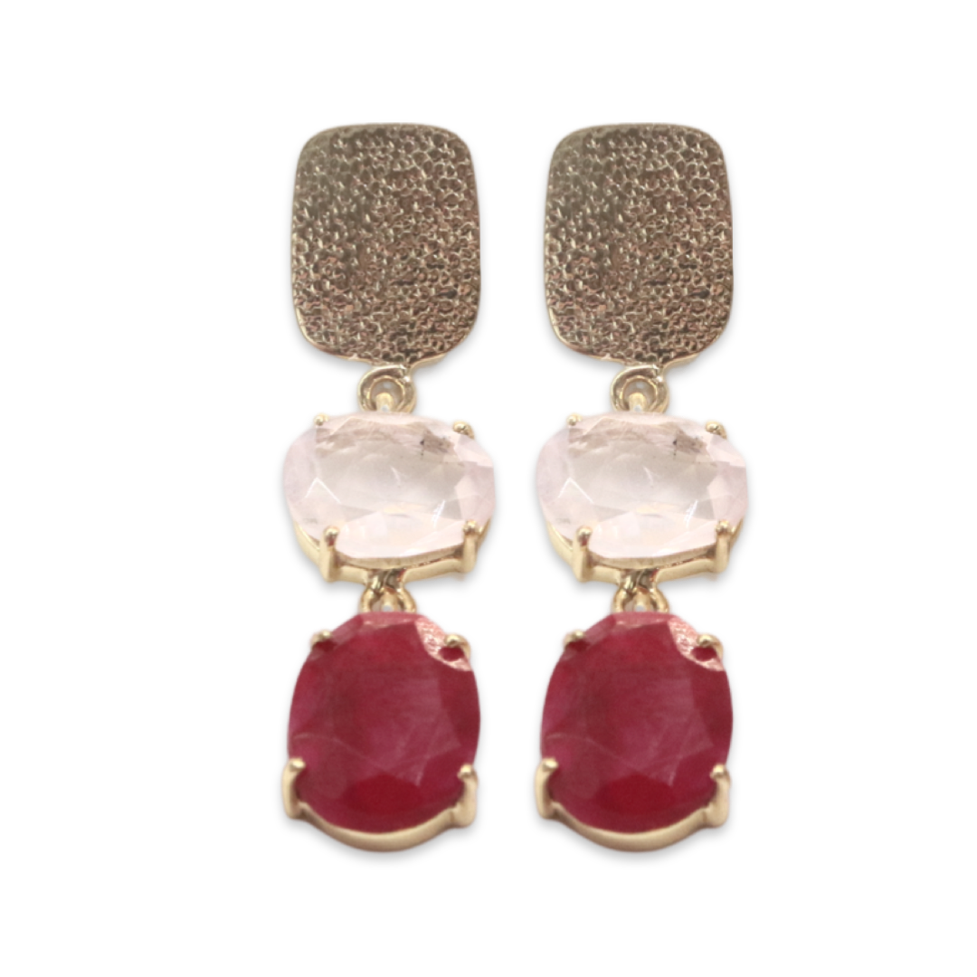SQUARE STUD DROP - Rose Quartz and Ruby