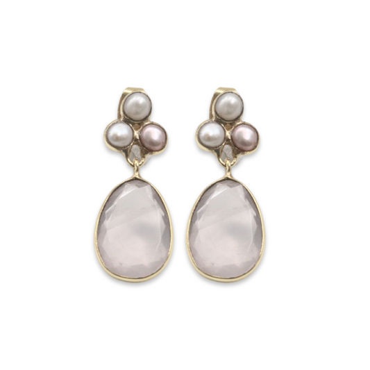 3 GEMSTONE STUDS WITH GEMSTONE DROP - Pearl with Rose Quartz drop