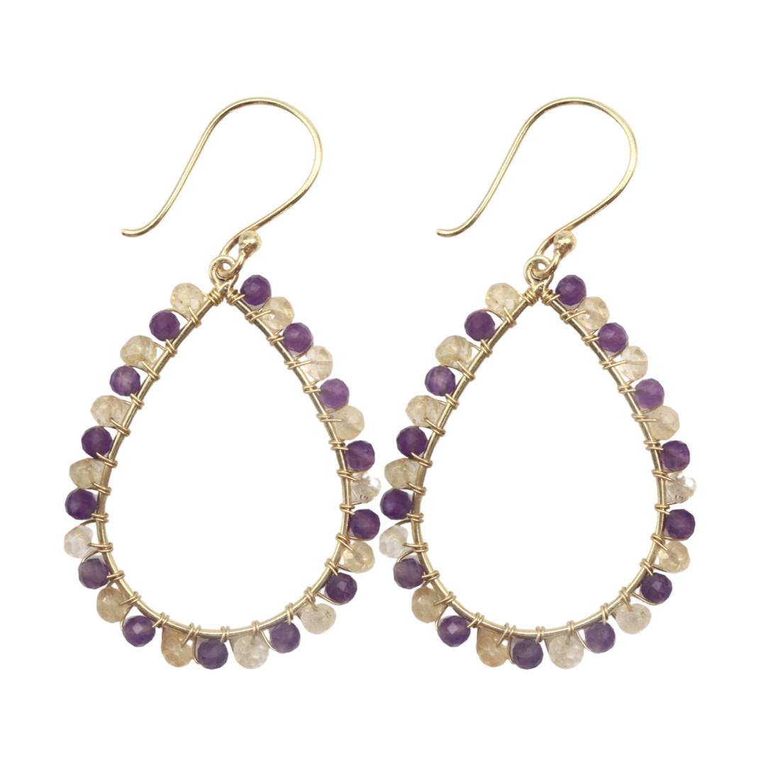 BEADED HOOPS - Lemon Quartz and Amethyst