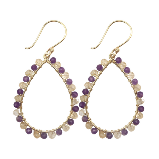 BEADED HOOPS - Lemon Quartz and Amethyst