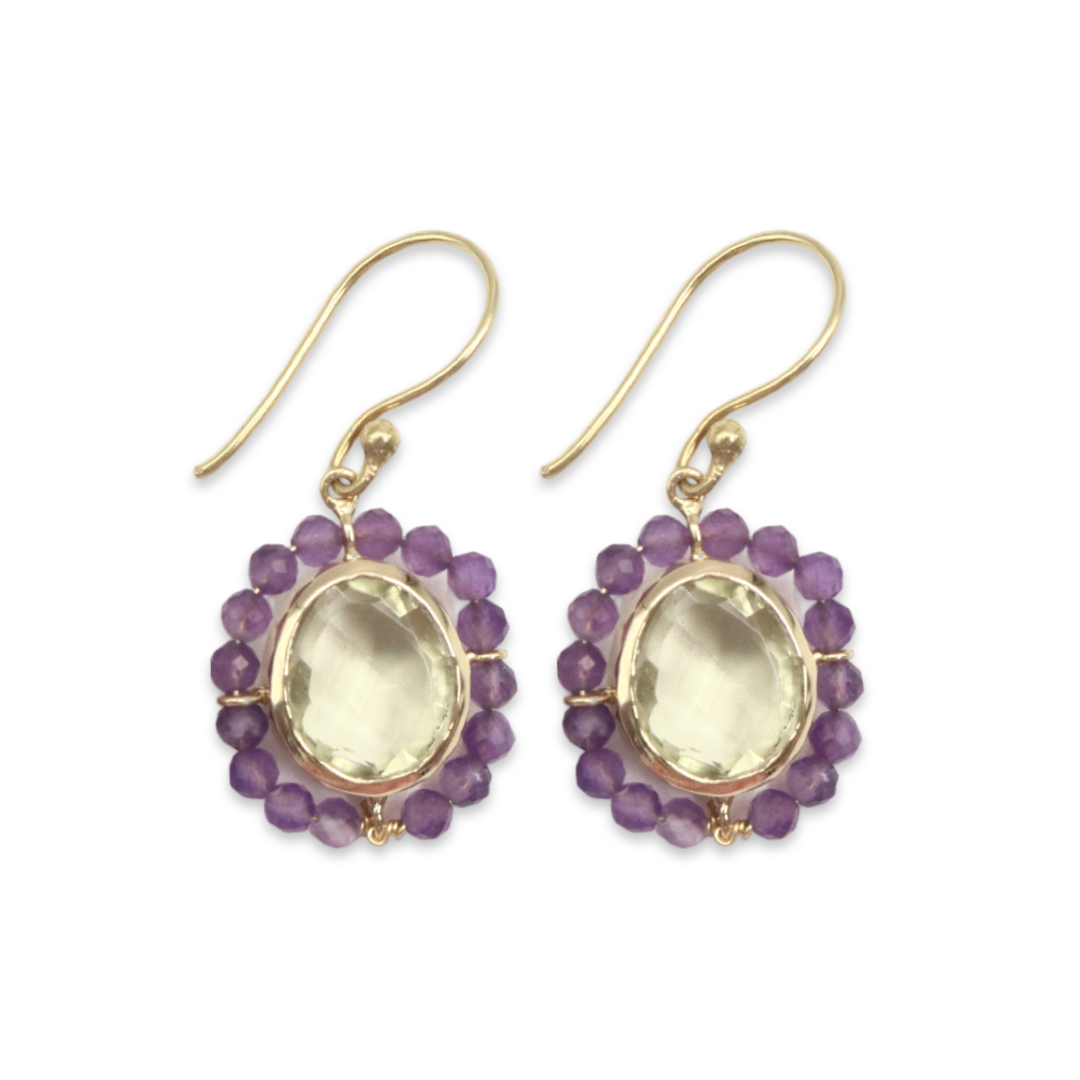 GEMSTONE HALO EARING -  Amethyst surrounding Lemon Quartz