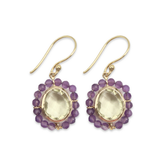 GEMSTONE HALO EARING -  Amethyst surrounding Lemon Quartz