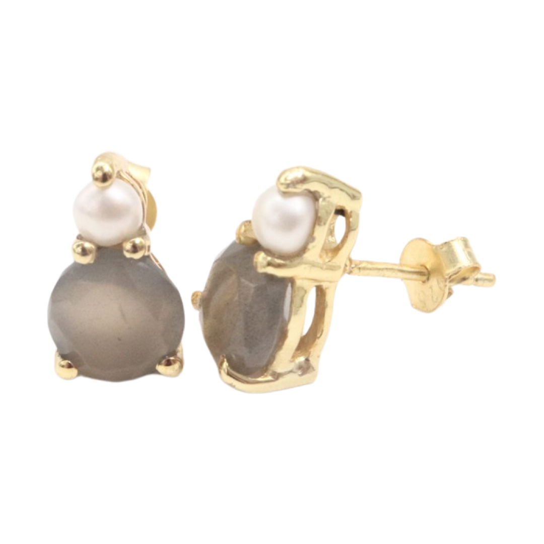 DOUBLE STUDS - Pearl and Grey Moonstone